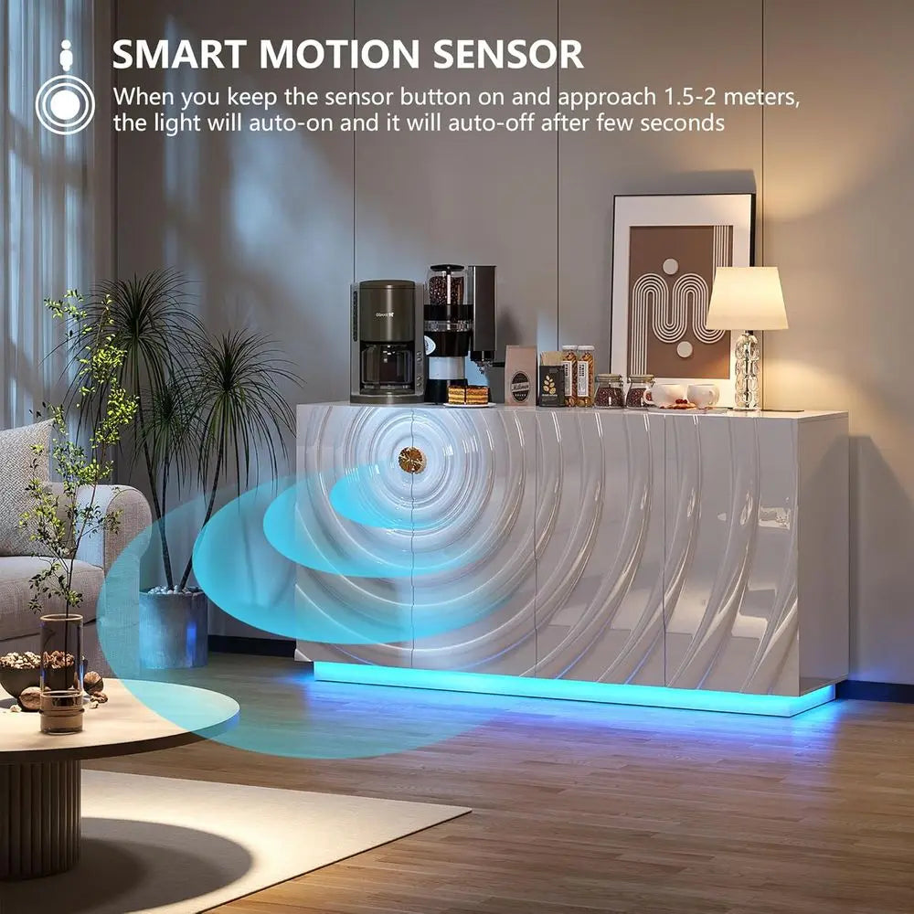 63 High-Gloss Sideboard Buffet Cabinet with Storage, Coffee Bar, RGB Lights, Power Outlet, White