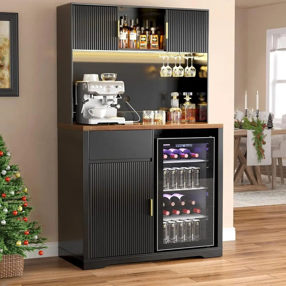 72 High Bar Cabinet with Ridged Storage, LED-lit Liquor Hutch for Home Bar or Dining Area