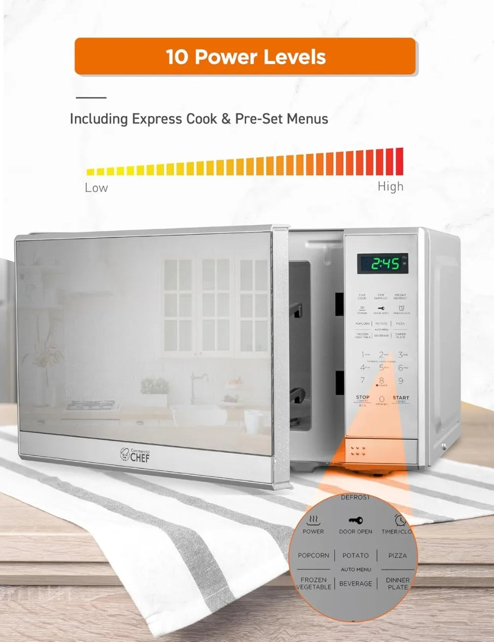 0.7 Cu Ft Countertop Microwave Oven, 700W with Digital LED Touch Controls, 10 Power Levels, Push Button Door, Stainless Steel
