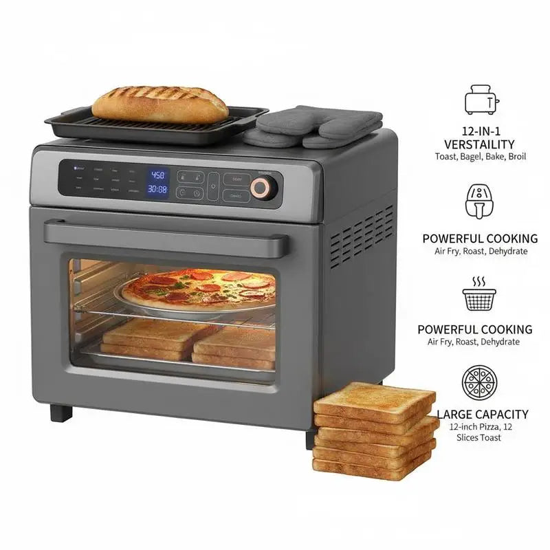Convection Countertop Oven 25L For Kitchen Restaurant Office, 12-IN-1 Versatile Cooker 1700W Power Metal Housing Grill Pizza Pan Gloves Included 12-Slice Toast 12-Inch Pizza Capacity Professional Cooking Appliance