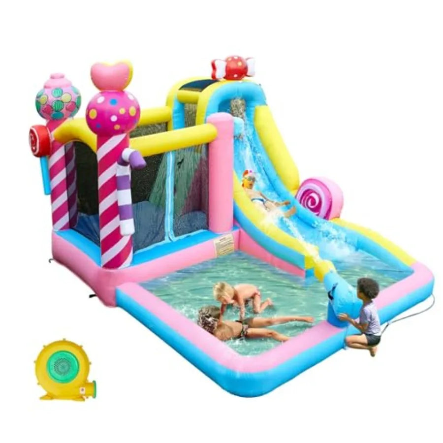 5-in-1 Iatable Water Slide for,Water Bounce House w/Air Blower, Jumping Area, Sprinker, Water Cannon, Climbing Wall and Splash