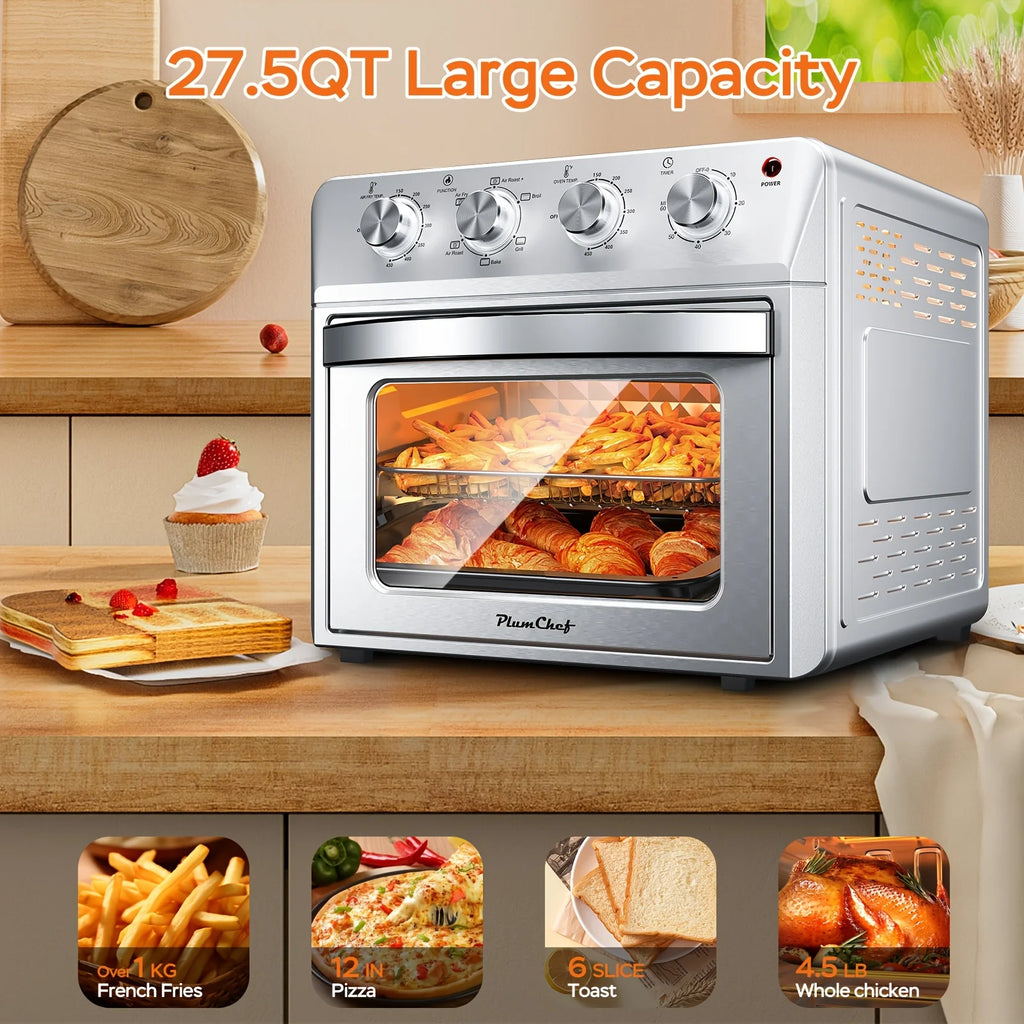 Plum Chef 27.5QT Air Fryer Oven, 6-In-1 Countertop Oven, Air Fry, Bake, Broil, Toast, Warm, Dehydrate, 4 Knob Control, 1600W, Family Size, Silver