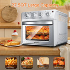Plum Chef 27.5QT Air Fryer Oven, 6-In-1 Countertop Oven, Air Fry, Bake, Broil, Toast, Warm, Dehydrate, 4 Knob Control, 1600W, Family Size, Silver