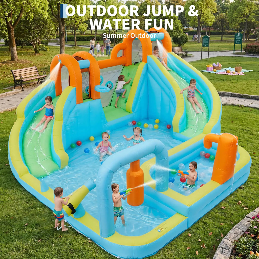 15.9FT Kids Inflatable Bounce House With Slide, 10-in-1 Water Bounce Castle, 550W Blower, Indoor Outdoor Jump House For Backyard