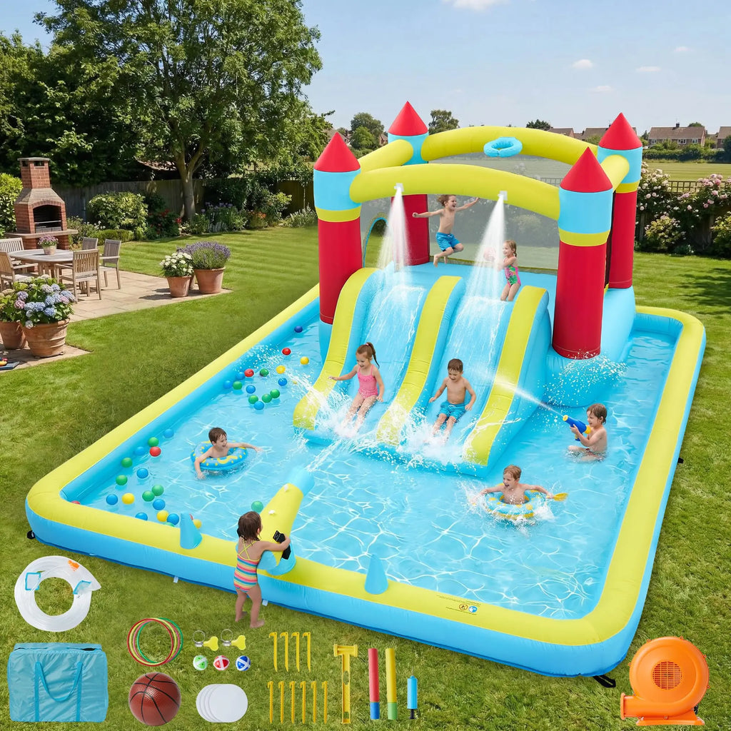 14FT Inflatable Bounce House Jump House For Kids With Slide, 350W Blower, 7-in-1 Indoor Outdoor Water Park Splash Pool