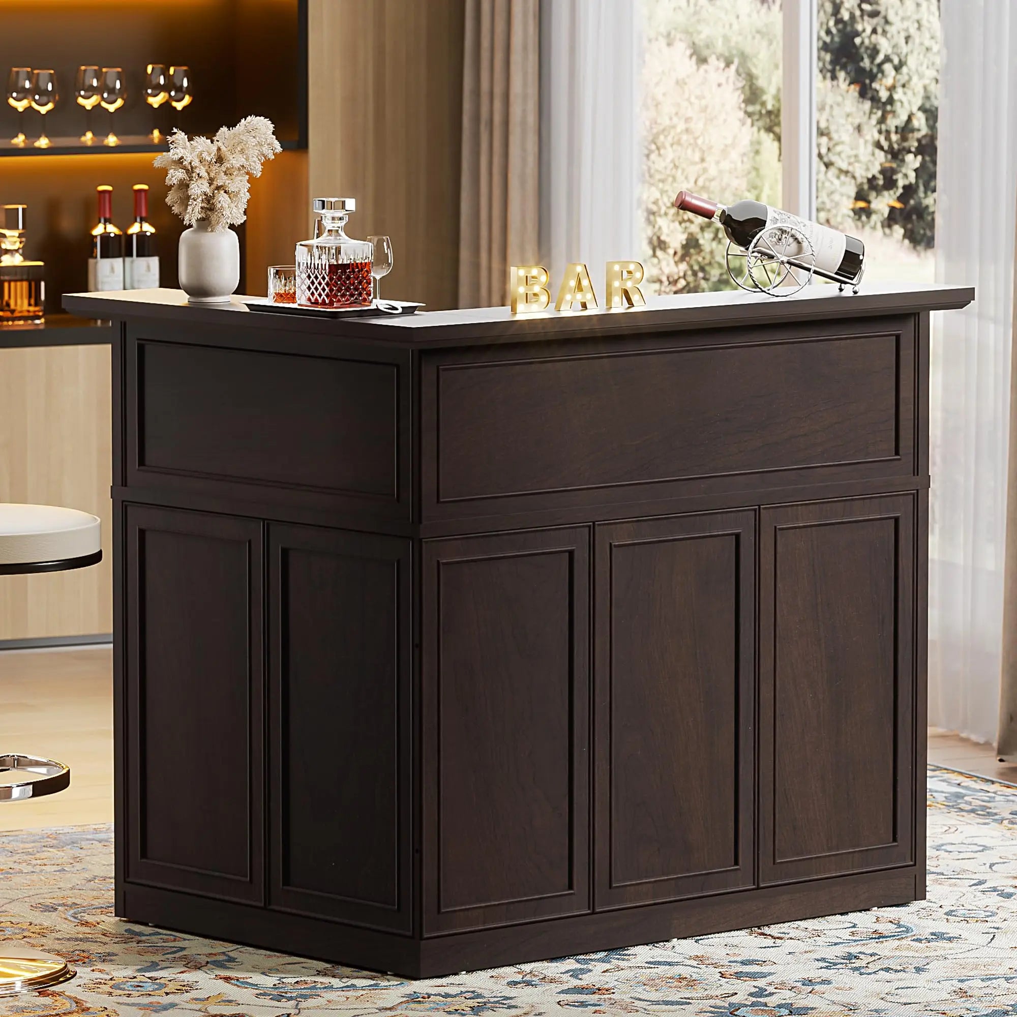 Wooden L-Shape Corner Bar Cabinet With 4-Tier Storage For Liquor And Wine, Home Pub Beverage Station
