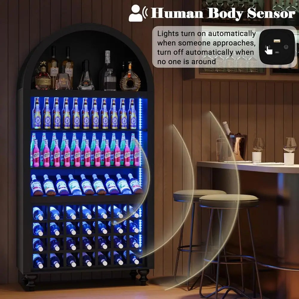 LED-Illuminated 71 Tall Wine & Liquor Cabinet with Glass Holders and Rack for Living Room, Kitchen, or Dining Area (Black)
