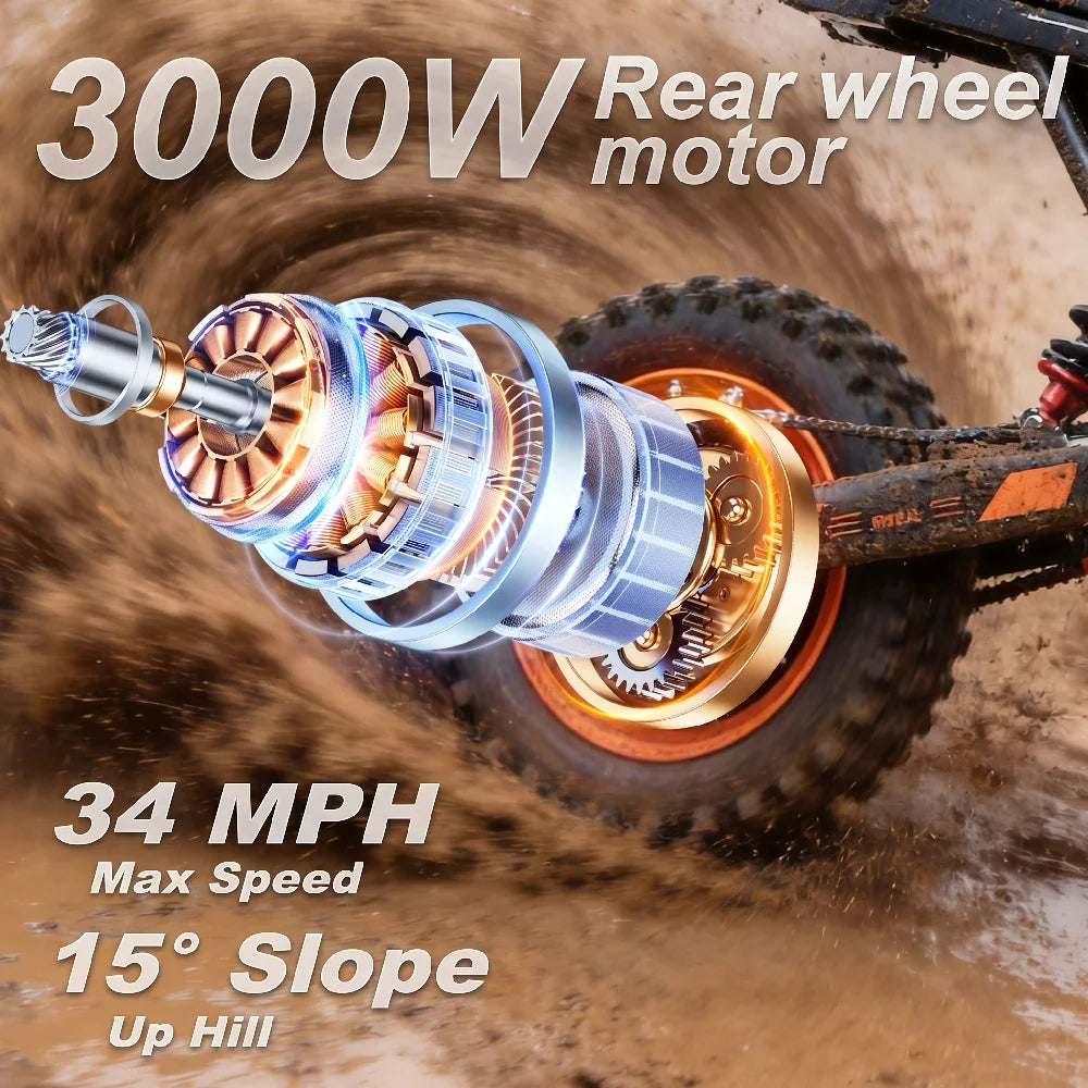 KEXZERON Electric Bike for Teens Adults, 12"/10" Fat Tire 3000W 34MPH Electric-Dirt-Bike，31 Miles Max Speed with 48V 30AH Battery Electric-Motorcycle Mountain Off-Road EBike
