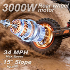 KEXZERON Electric Bike for Teens Adults, 12"/10" Fat Tire 3000W 34MPH Electric-Dirt-Bike，31 Miles Max Speed with 48V 30AH Battery Electric-Motorcycle Mountain Off-Road EBike