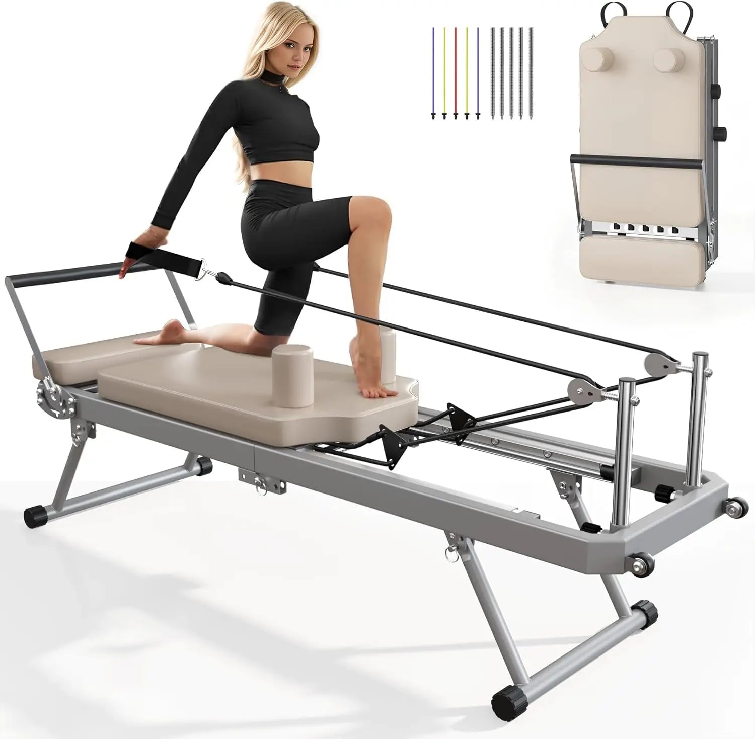 Foldable Pilates Reformer Machine for Home Gym, High - Strength Alloy Springs, Suitable for Beginners, Up to 400lbs