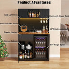 72 High Bar Cabinet with Ridged Storage, LED-lit Liquor Hutch for Home Bar or Dining Area
