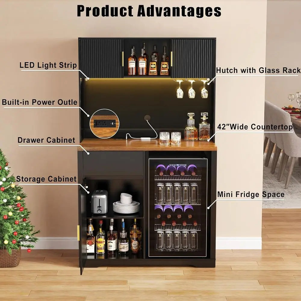 72 High Bar Cabinet with Ridged Storage, LED-lit Liquor Hutch for Home Bar or Dining Area