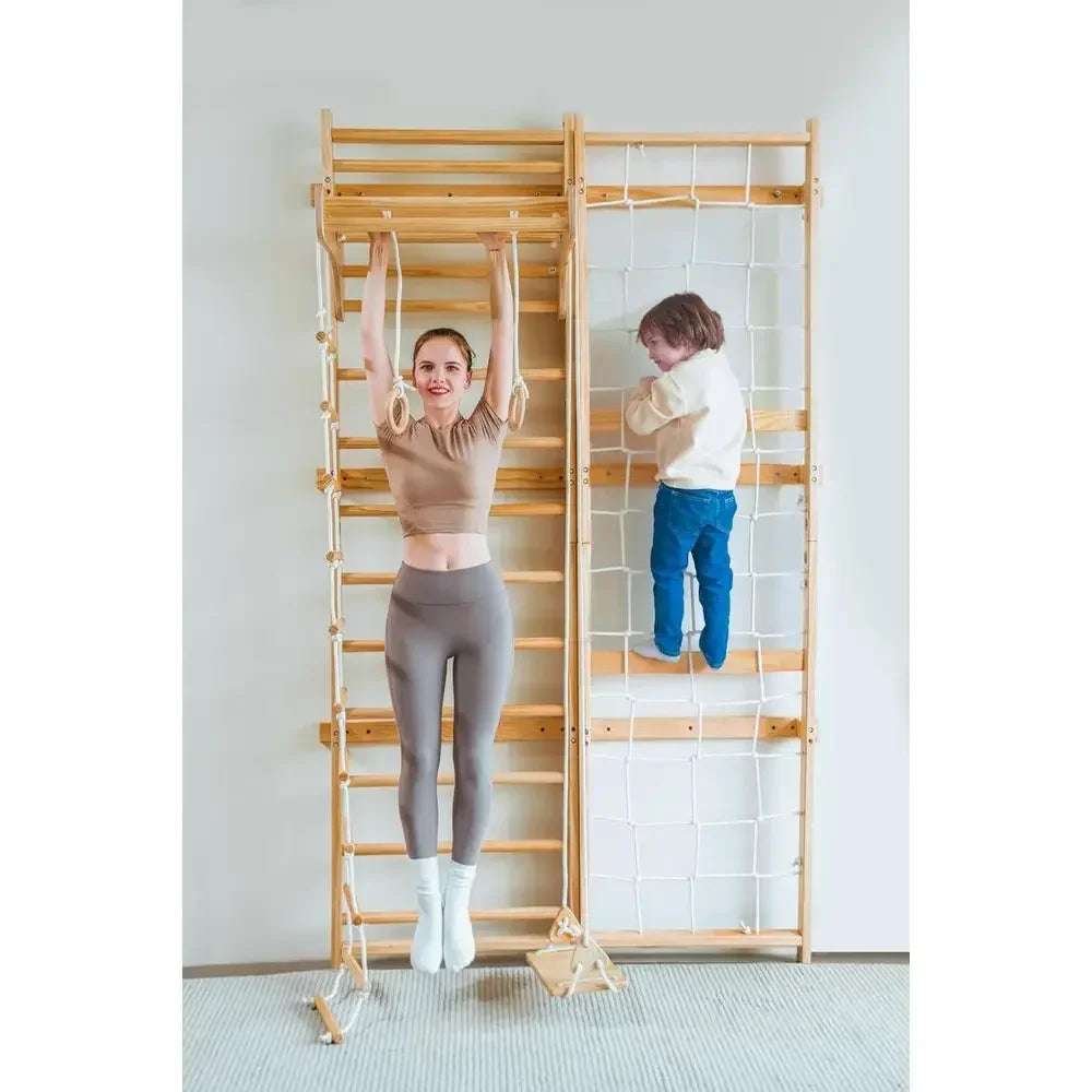 All-in-One Ladder Wall Gym with Cargo Climber, Swing, Rope Ladder, Pull-Up Bar, and Slide - Suitable for Adults and Kids (79)