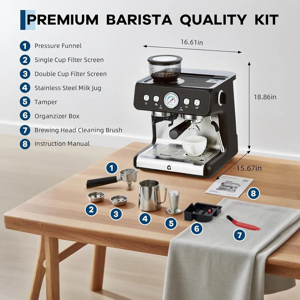 Stainless Steel Espresso Machine with Grinder 20 Bar ＆ 2.8l Removable Tank