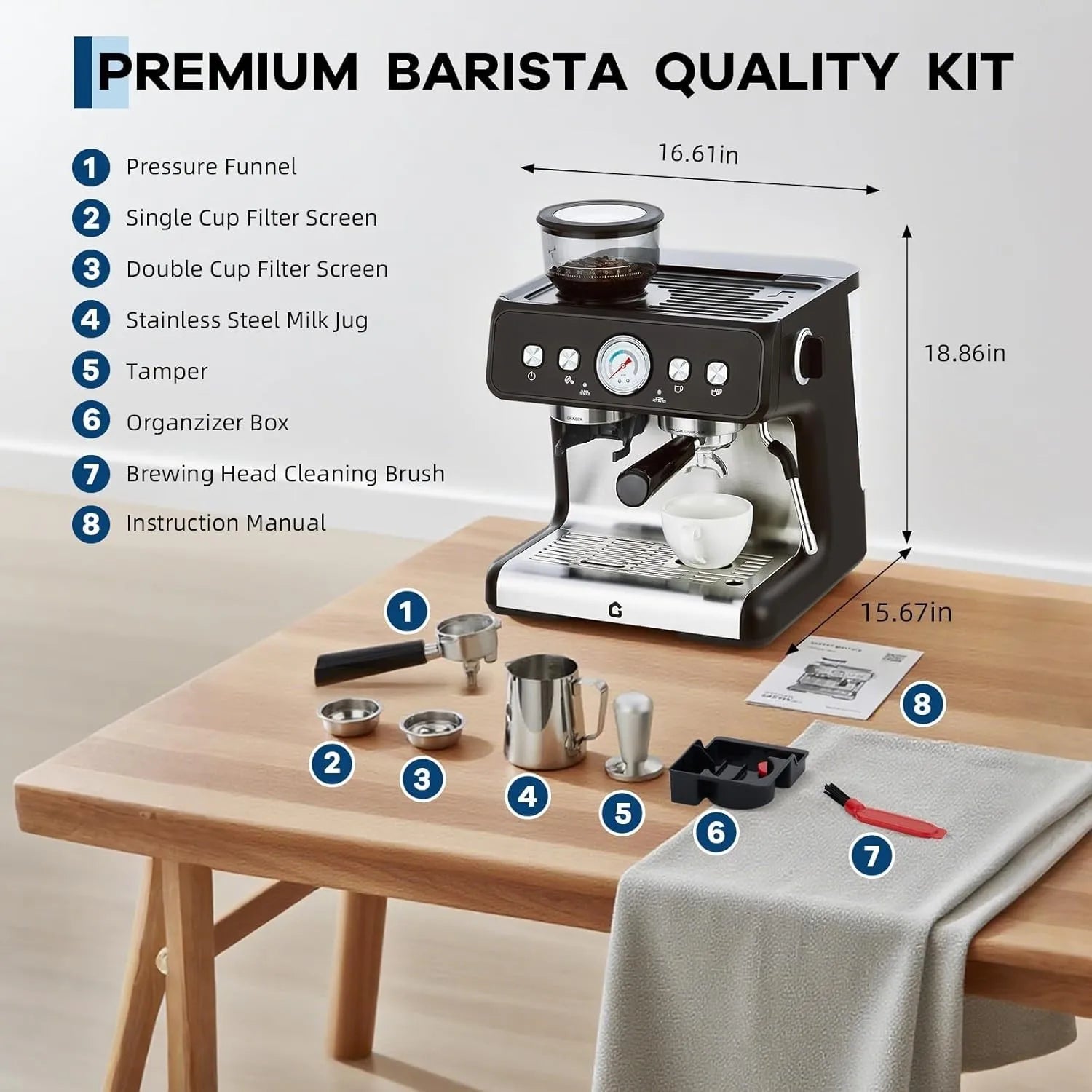 Stainless Steel Espresso Machine with Grinder 20 Bar ＆ 2.8l Removable Tank