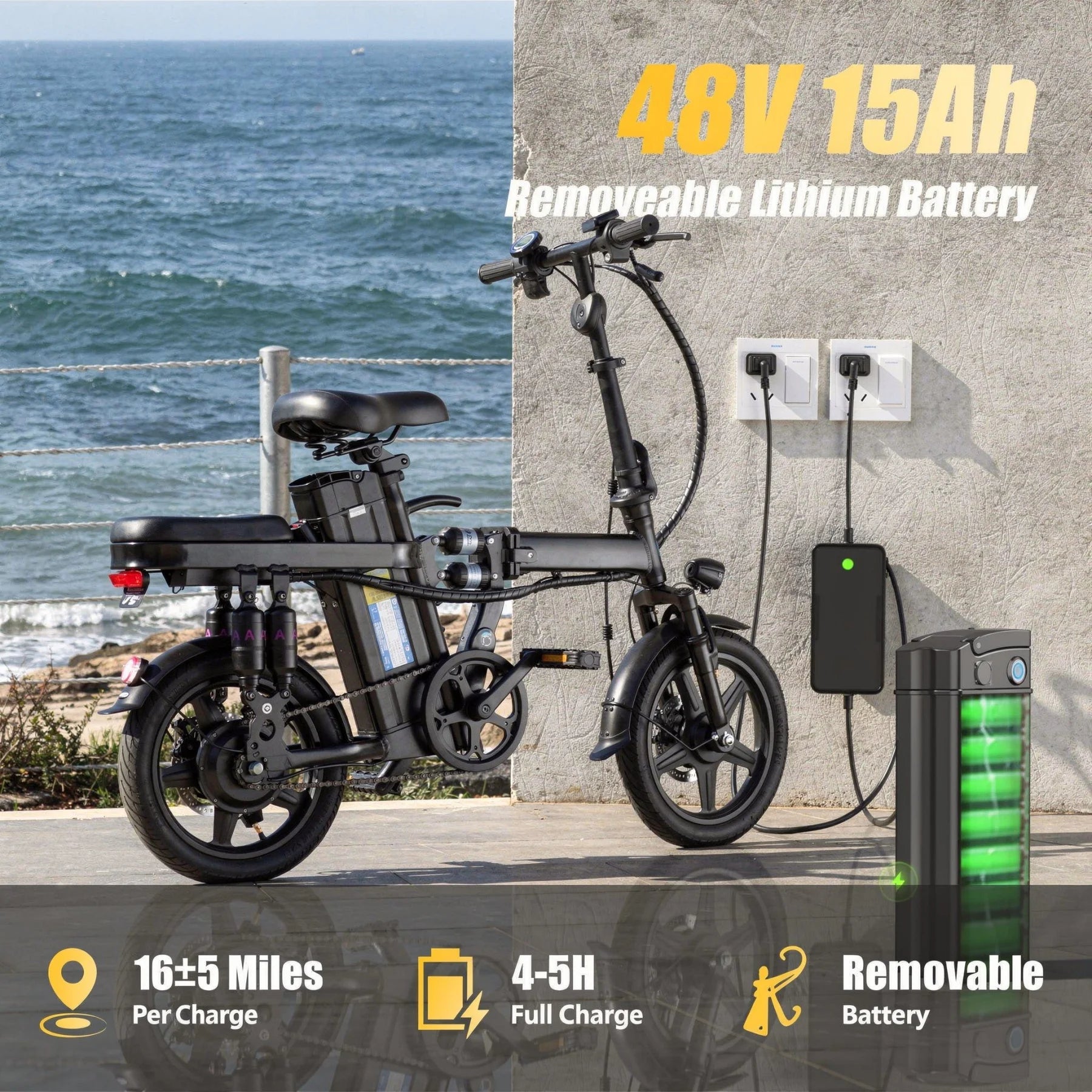 Foldable electric bicycle for adults, equipped with 14-inch tires, featuring 8 shock absorbers, a 500W motor power, a 48V 15Ah c