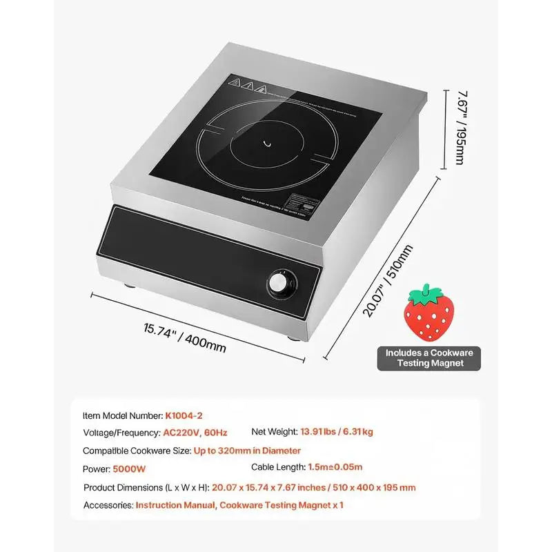 Portable Induction Cooktop, 5000W Commercial Induction Burner with 16 Temperature Settings, Stainless Steel Countertop Induction Hot Plate with 4H Timer, Child Lock, for Restaurant Cooking