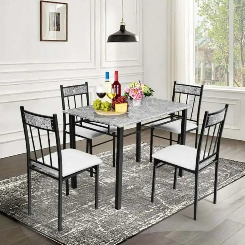 5 Pieces Faux Marble Dining Set Table with Solid Steel Frame