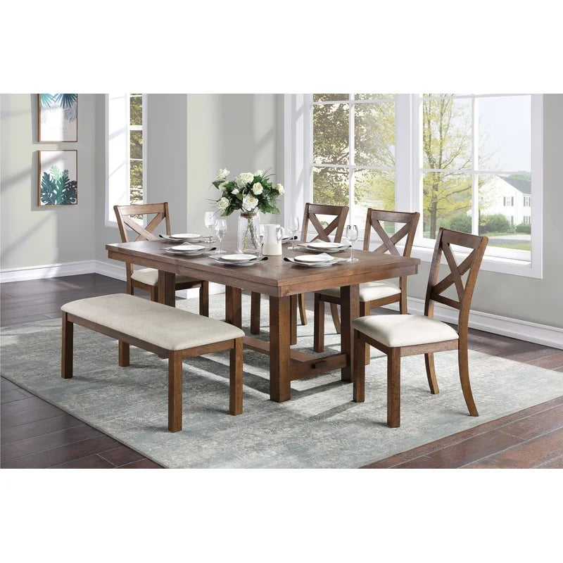 Brown Finish Rectangular Dining Table Set with Beige Upholstered Bench and Chairs, Transitional Kitchen Furniture