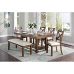 Brown Finish Rectangular Dining Table Set with Beige Upholstered Bench and Chairs, Transitional Kitchen Furniture