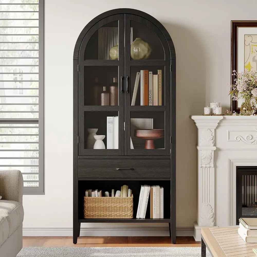 71 High Arched Wine Storage Cabinet with Bar and Shelves, Suitable for Home, Kitchen, Pantry, or Dining Area (Black)