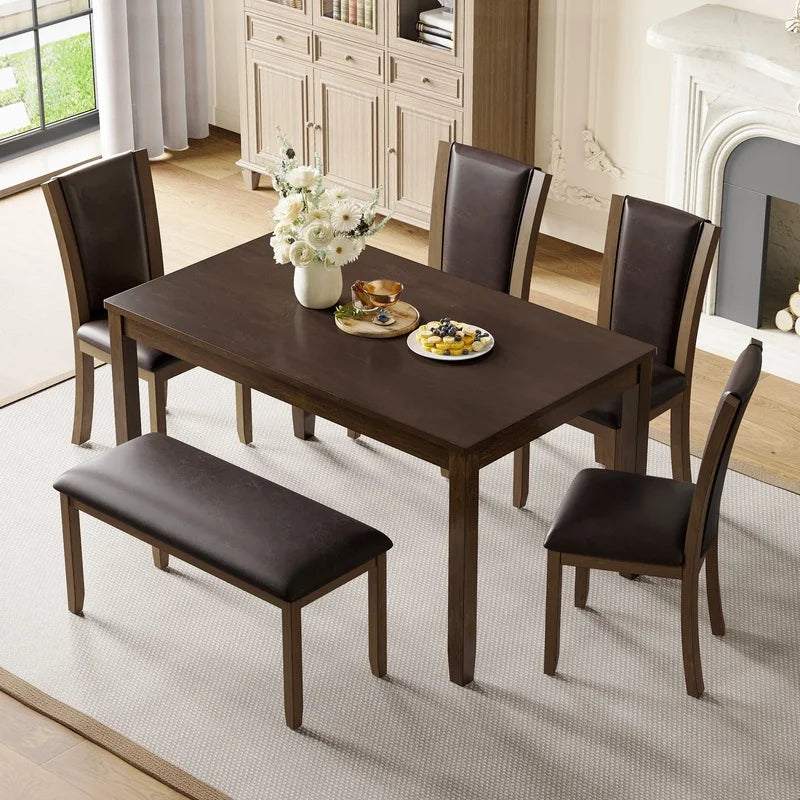 6-Piece Farmhouse Dining Set with Bench and Chairs, Dark Walnut Wooden Table for 6, Rustic Kitchen or Dining Room