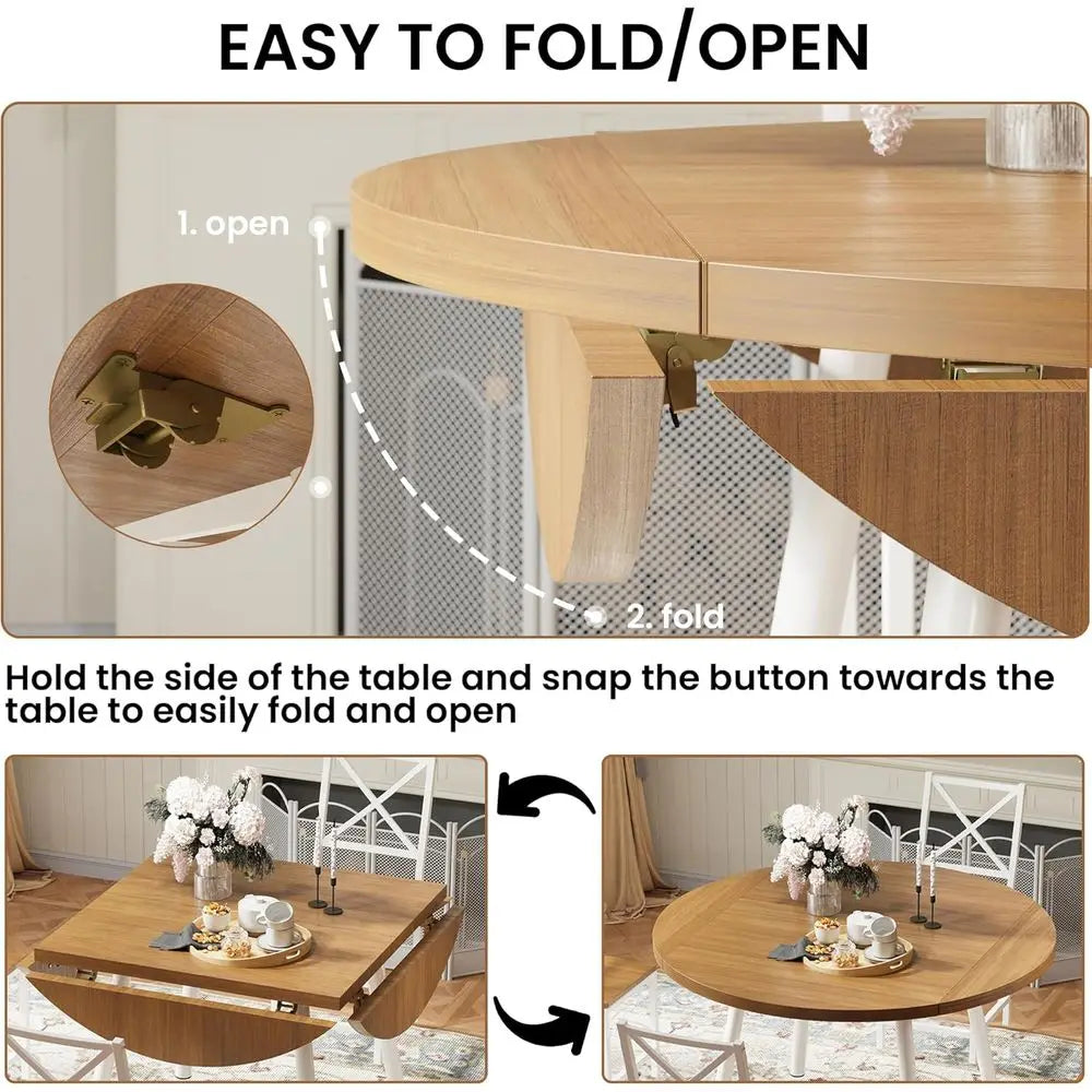 4-Person Round Kitchen Table with 4 Stools, 44.5 Drop Leaf Desk, Space-Saving Natural Wood Dining Set