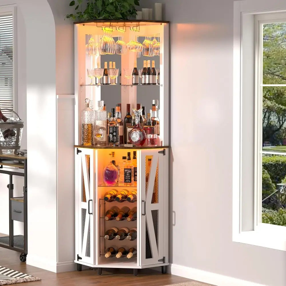 Illuminated Tall Wine Bar Cabinet with Mirror and Adjustable Shelves for Dining or Living Room