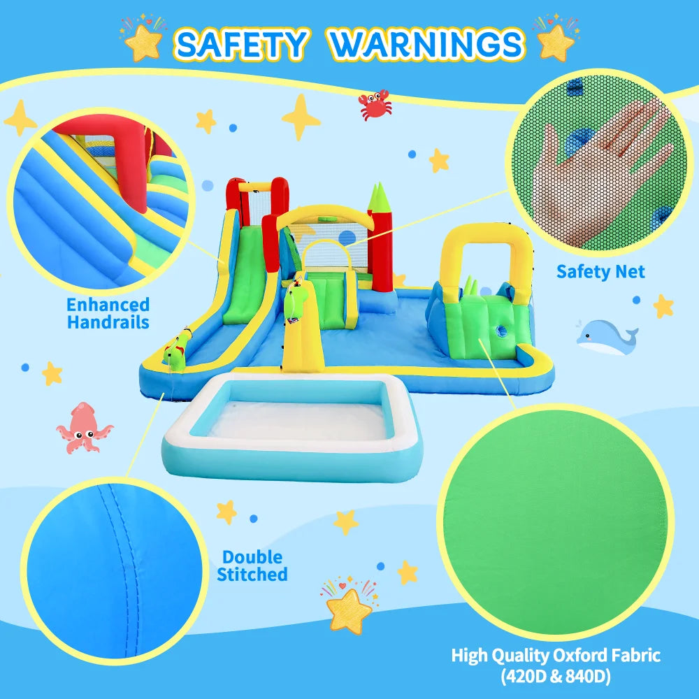 11 in1 Inflatable Slide Water Park Dry and Wet Slides Large Pool Water Gun Trampoline Climbing Wall Basketball Hoop and Ring Toss Game Outdoor Indoor Backyard Party Bounce Castle for Kids