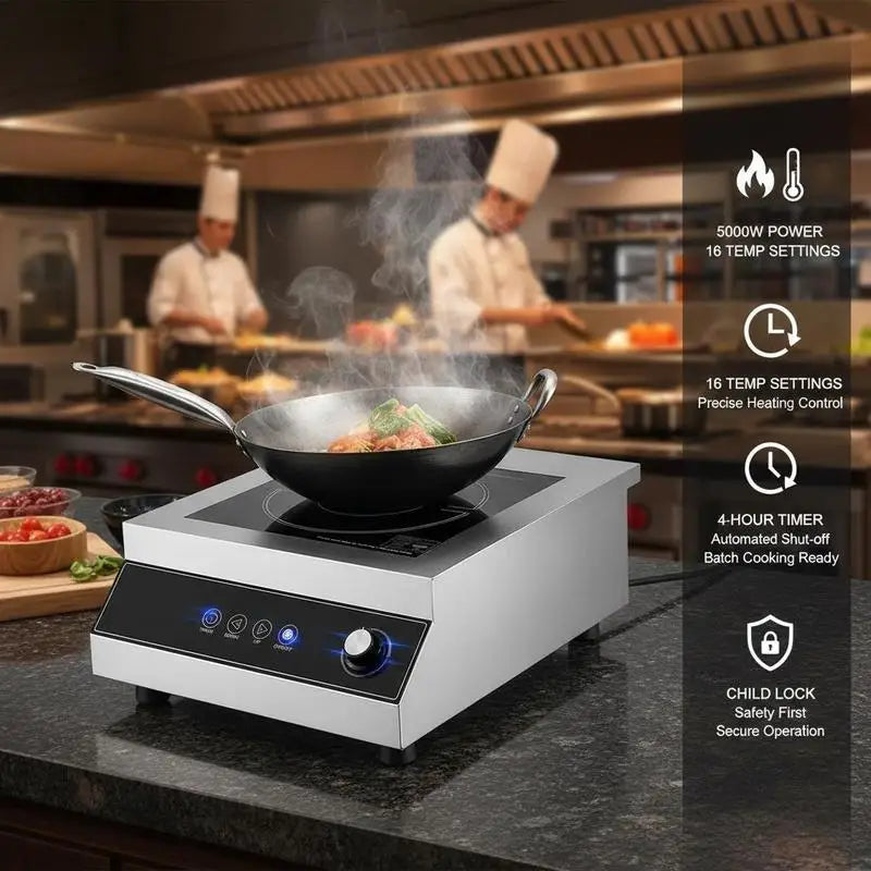 Portable Induction Cooktop, 5000W Commercial Induction Burner with 16 Temperature Settings, Stainless Steel Countertop Induction Hot Plate with 4H Timer, Child Lock, for Restaurant Cooking