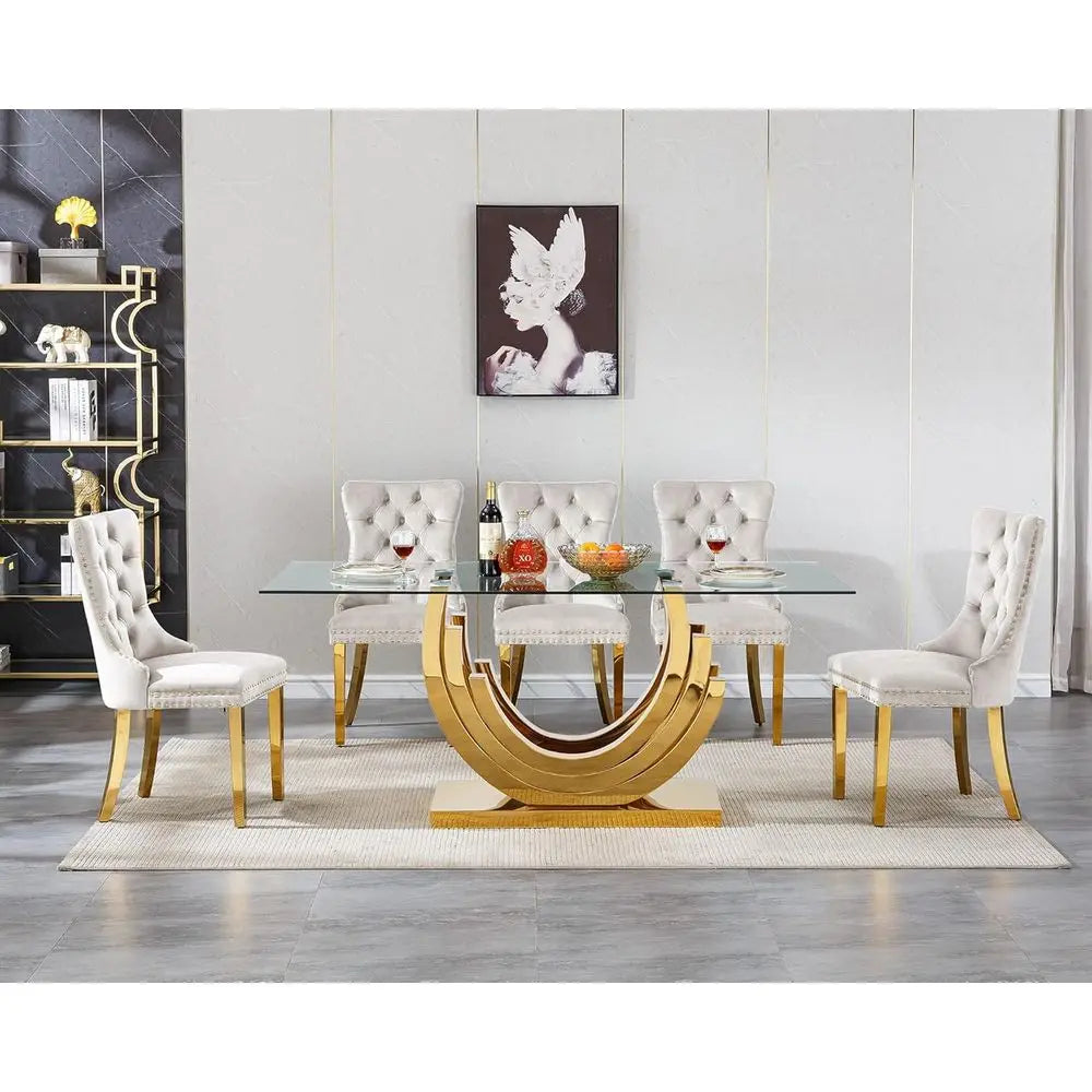 7-Piece Elegant Glass Dining Set with 70 Table and 6 Beige Chairs