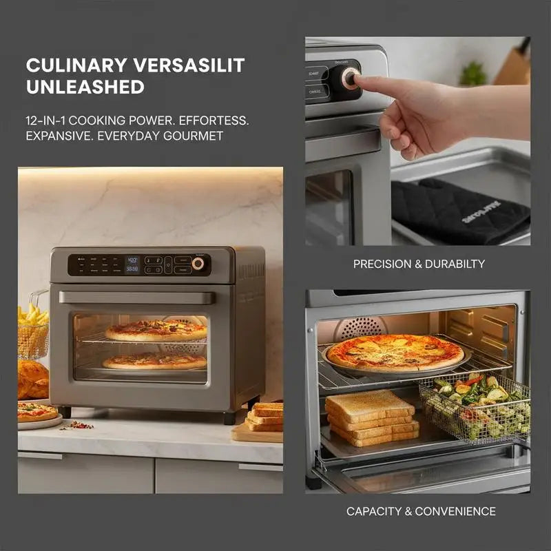 Convection Countertop Oven 25L For Kitchen Restaurant Office, 12-IN-1 Versatile Cooker 1700W Power Metal Housing Grill Pizza Pan Gloves Included 12-Slice Toast 12-Inch Pizza Capacity Professional Cooking Appliance