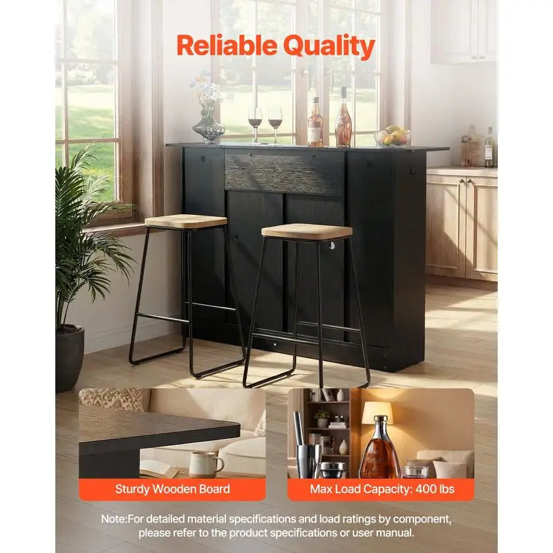 Home Bar Unit, Wine Bar Cabinet Table 4-Tier with Storage Drawer Shelves, Wine Glass Holder, Bottle Rack, LED Light, Wood & Metal Liquor Cabinet for Home, Basement, Kitchen, Living Room, Black