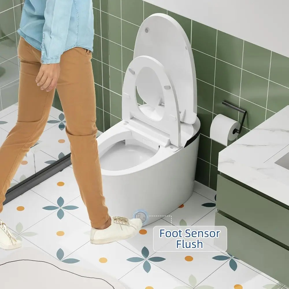 Smart Integrated Toilet with Bidet Function, Heated Seat, Remote Control, Foot & Side Button Flush, Arc-Shape Spray Wand (4 Clea