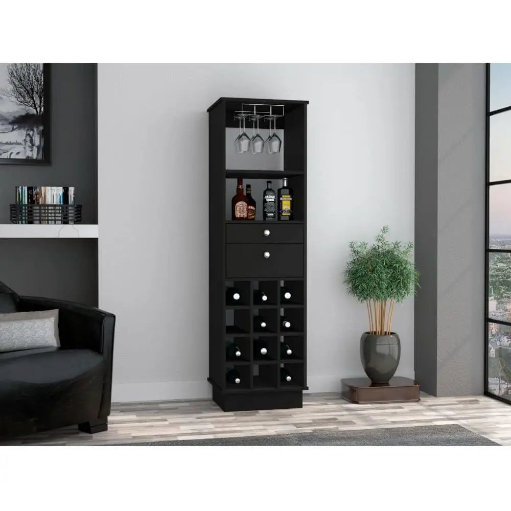 Contemporary Wine and Bar Cabinet with 12 Bottle Holders, 2 Drawers, Glass Rack, and Shelves, Black
