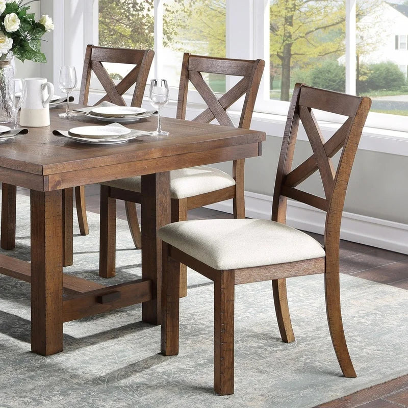 Brown Finish Rectangular Dining Table Set with Beige Upholstered Bench and Chairs, Transitional Kitchen Furniture