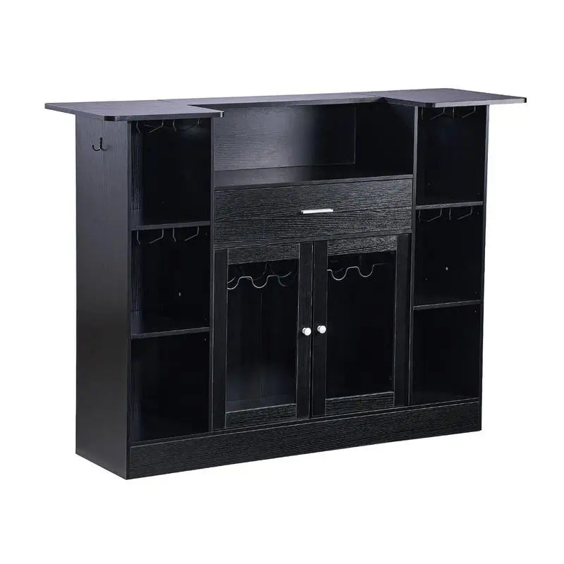 Home Bar Unit, Wine Bar Cabinet Table 4-Tier with Storage Drawer Shelves, Wine Glass Holder, Bottle Rack, LED Light, Wood & Metal Liquor Cabinet for Home, Basement, Kitchen, Living Room, Black