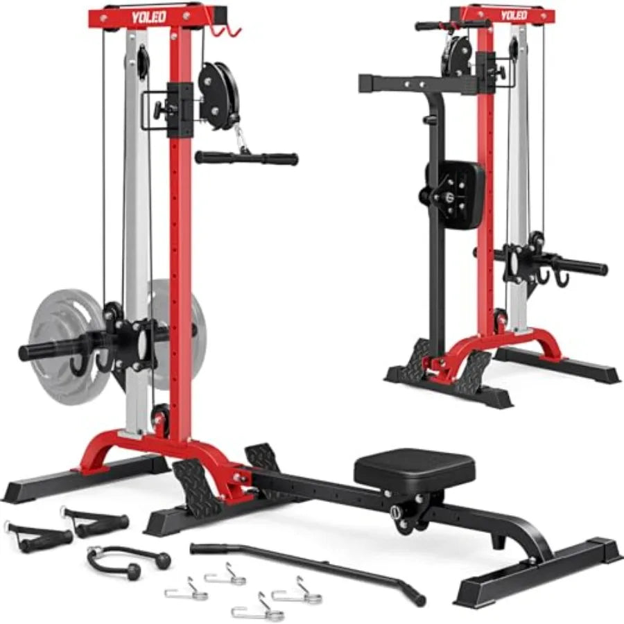Home gym rowing cable machine LAT pulldown station: steel frame, black, 2-in-1 adjustable foldable design with 6 attachments, 4