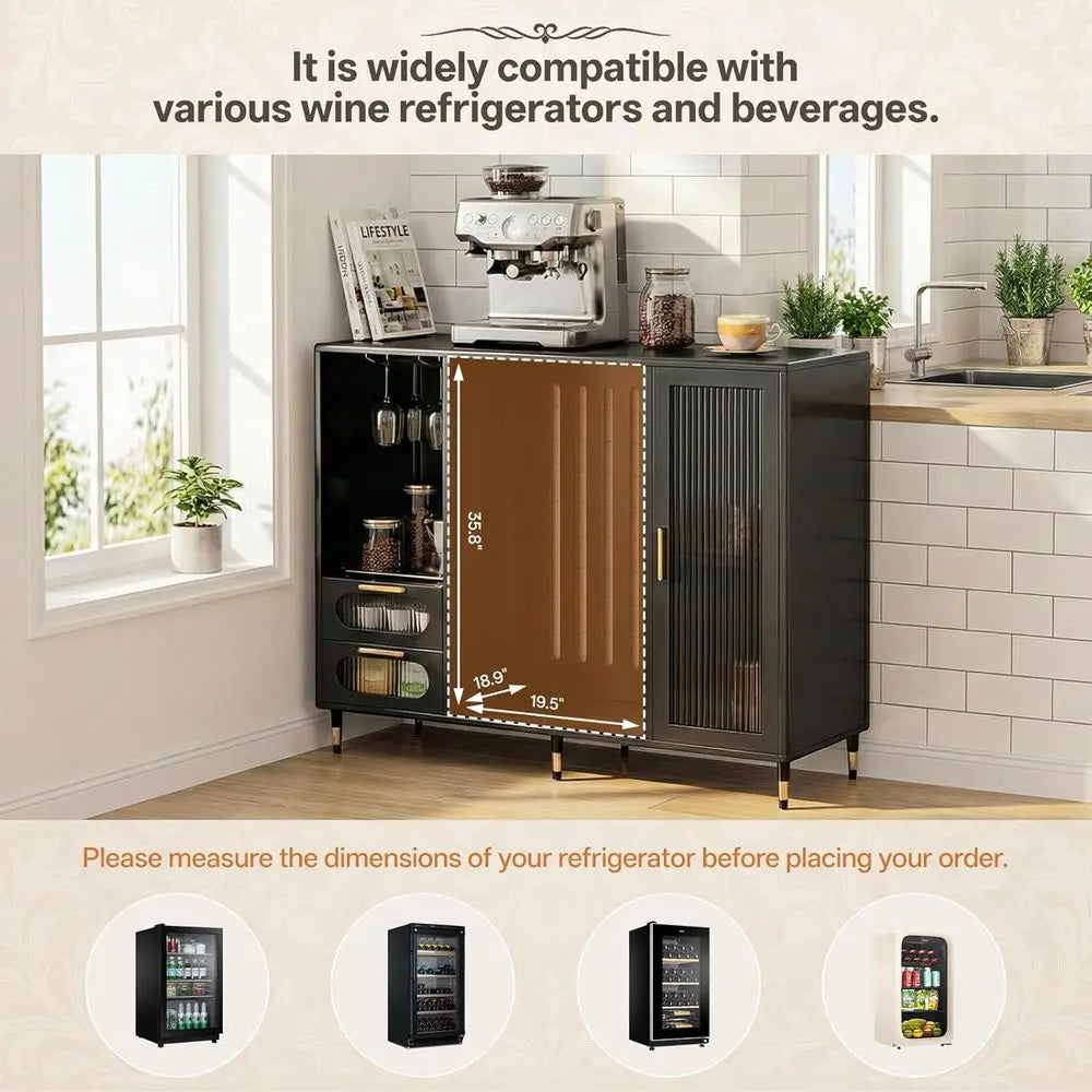 Elegant 47.2 Wide Coffee Bar Cabinet with Ridge Space, Gold Accents, and Wine Glass Rack for Home Storage