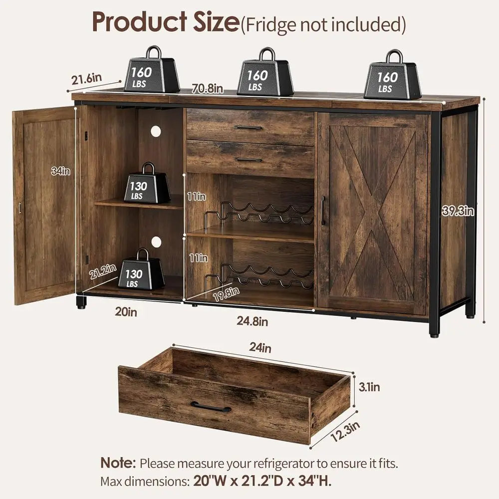 Large Coffee and Wine Cabinet with Ridge Storage, 70.8 Long, Wooden Buffet Sideboard, Home Bar Cabinet with Drawers, Rustic Brow