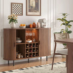 55 Walnut Modern Wine & Liquor Cabinet with LED Lighting, Storage, and Charging Station