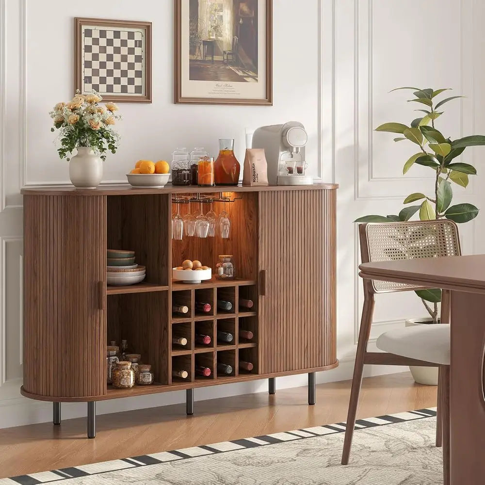 55 Walnut Modern Wine & Liquor Cabinet with LED Lighting, Storage, and Charging Station