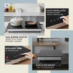 Double Induction Hob 24 Inch For Kitchen Countertop Apartment RV 1800W Dual Burner Touch Control Stove Built-in Cooktop 9 Power Levels Child Lock Timer Glass Surface