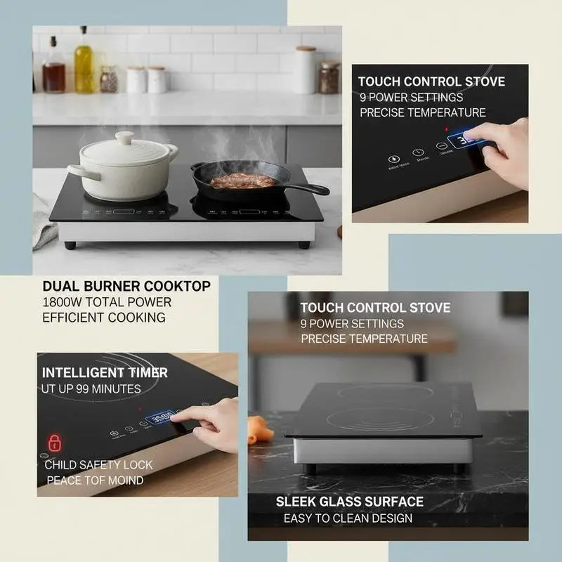 Double Induction Hob 24 Inch For Kitchen Countertop Apartment RV 1800W Dual Burner Touch Control Stove Built-in Cooktop 9 Power Levels Child Lock Timer Glass Surface