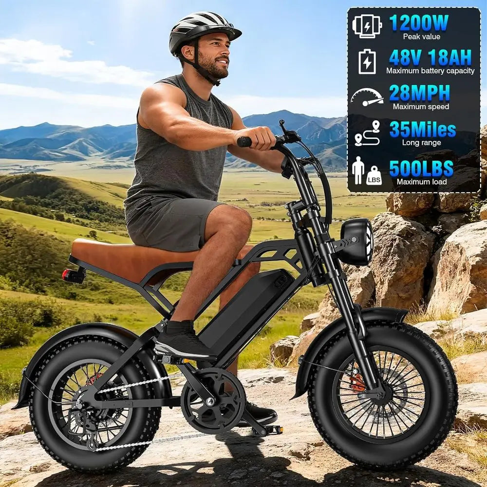 Retro-Style Electric Bike with 1200W Motor, 28MPH Speed, 48V 18Ah Battery, 500lbs Load Capacity, Black