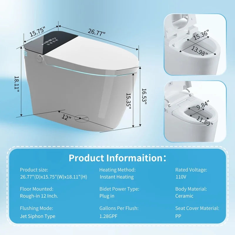Smart One-Piece Bidet Toilet with Auto Flush, Heated Seat, Warm Water, Dry Function, Adjustable Temperature, Remote Control