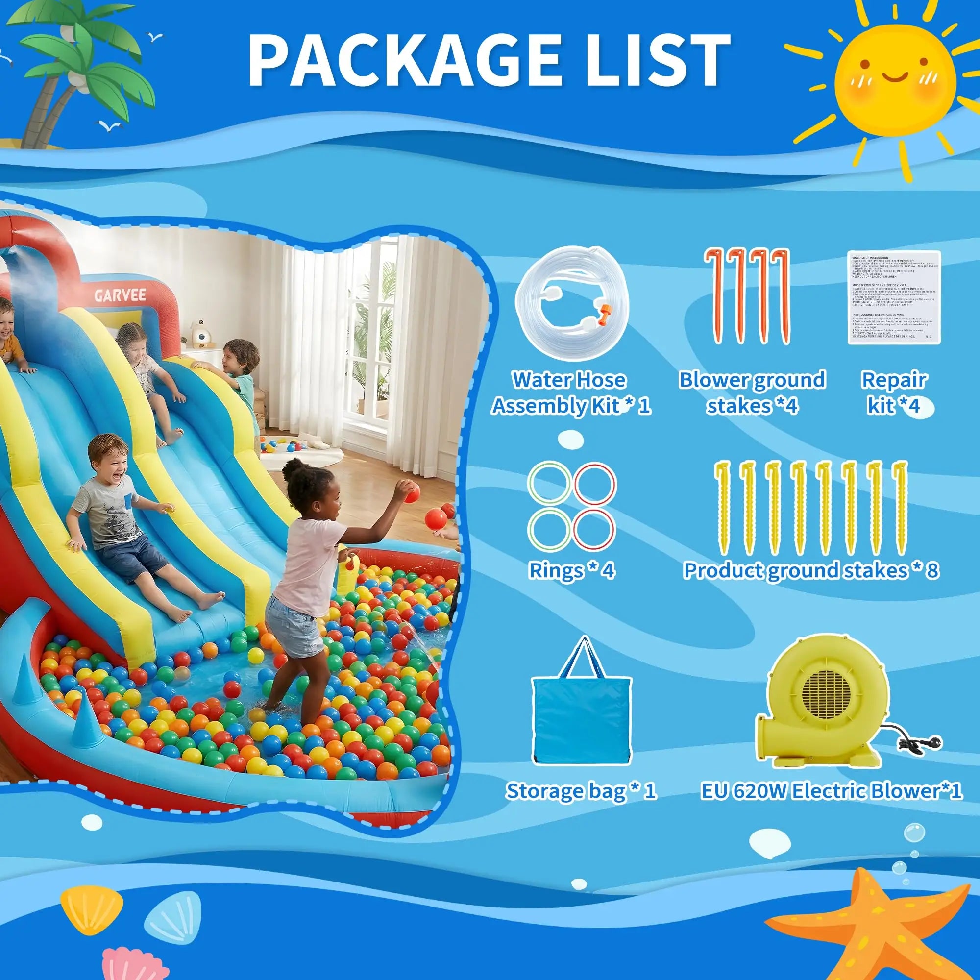 8-in-1 Inflatable Water Park Kids Bounce House With Double Slides & Pool, 550W Blower, Oxford, Indoor Outdoor Set