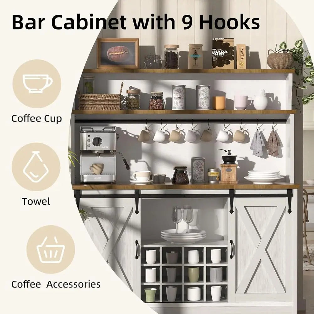 55 Large Home Coffee Bar Cabinet with 3-Tier Storage, Sliding Barn Door, 12 Wine Racks & 9 Hooks for Kitchen, Dining, Living Roo