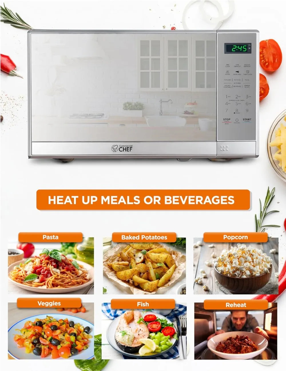 0.7 Cu Ft Countertop Microwave Oven, 700W with Digital LED Touch Controls, 10 Power Levels, Push Button Door, Stainless Steel