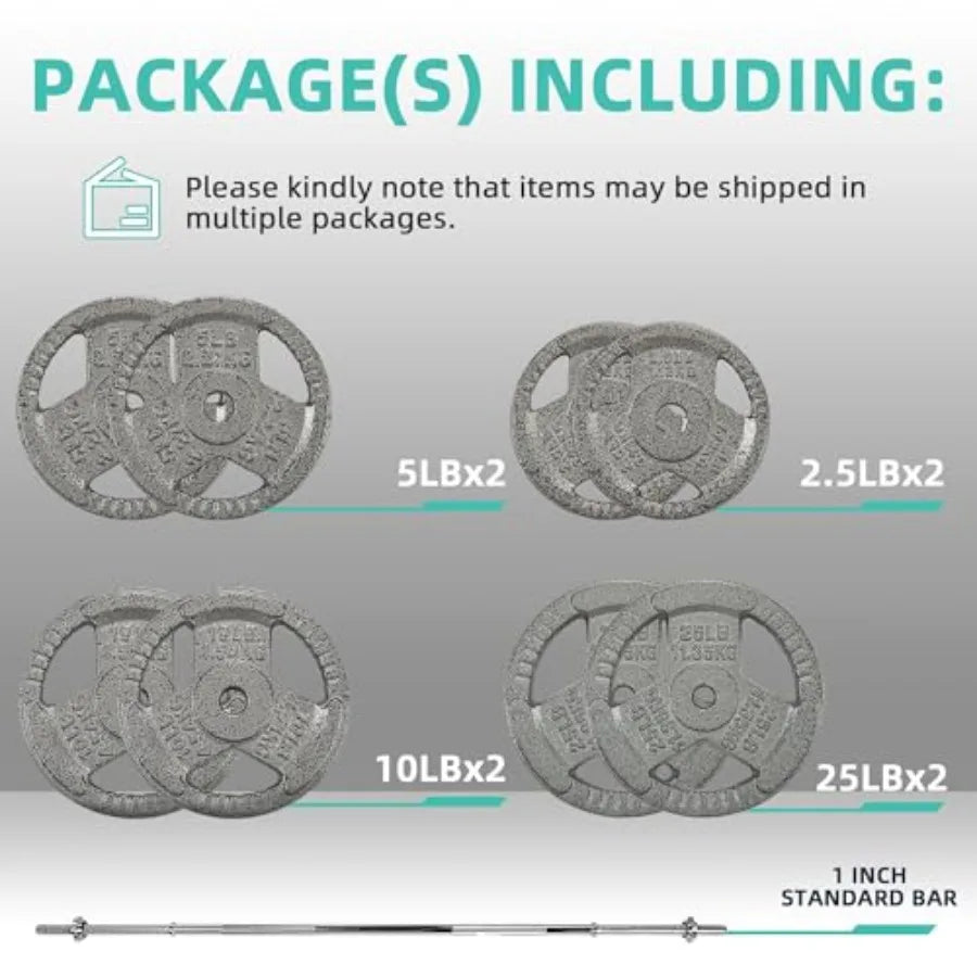 Cast Iron 1" Standard Weight Plates Including 5Feet Standard Barbell Bar and Star Locks, 95 Pounds Set 85 Lbs Plates + 10 Lbs B